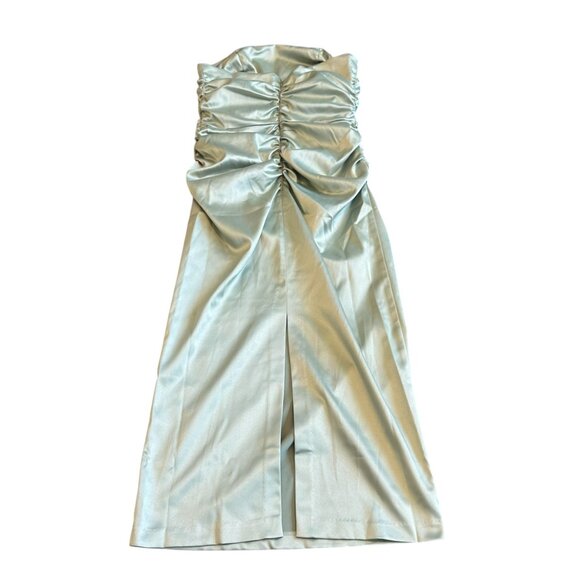 BHLDN Anthropologie Strapless Green Satin Dress Ruched Knee Length Size Med NWT - Picture 7 of 13